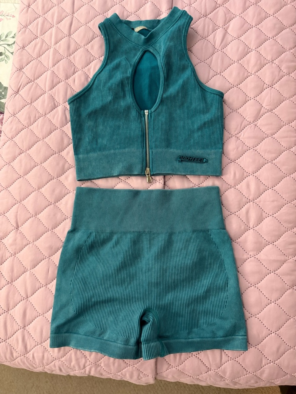 Ribbed Teal Zip-Front Crop Top & High-Waist Shorts Set